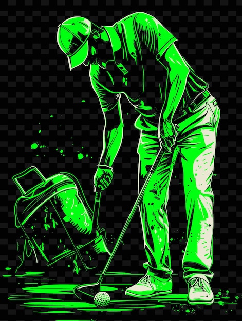 PSD joueur de golf tenant un club avec un sac de golf et une balle avec une illustration de mise au point flat 2d sport backgroundd
