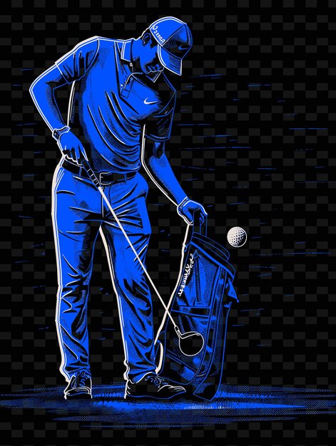 PSD joueur de golf tenant un club avec un sac de golf et une balle avec une illustration de mise au point flat 2d sport backgroundd