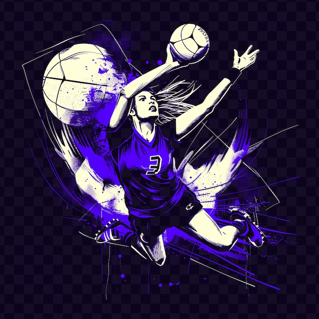 PSD joueur de netball tirant sur une balle avec une posture contrôlée avec une chemise de dissuasion tatouage encre contour design cnc