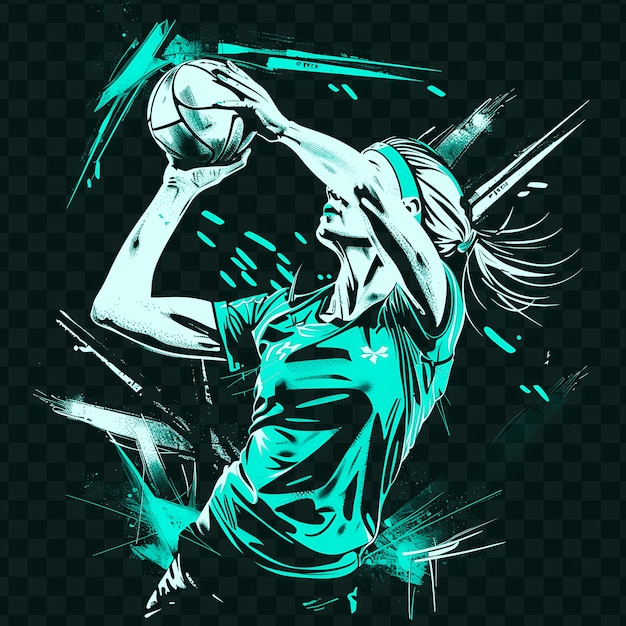 Joueur De Netball Tirant Sur Une Balle Avec Une Posture Contrôlée Avec Une Chemise De Dissuasion Tatouage Encre Contour Design Cnc