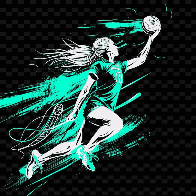 PSD joueur de netball tirant une balle avec une posture contrôlée avec une illustration dete arrière-plan sportif 2d platr