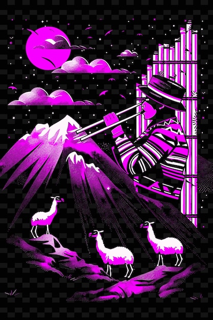 PSD joueur de panpipe andin se produisant dans un paysage de montagne avec une idée d'affiche musicale d'illustration vectorielle