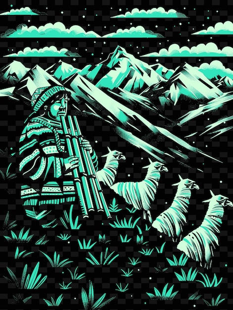 PSD joueur de panpipe andin se produisant dans un paysage de montagne avec une idée d'affiche musicale d'illustration vectorielle