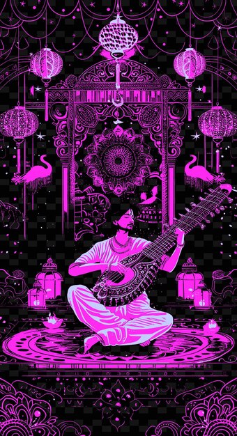 PSD joueur de sitar indien assis sur une scène avec des dessins d'affiches musicales d'illustration int