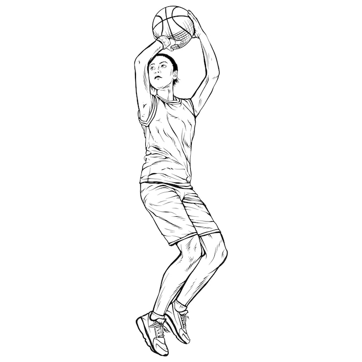 PSD joueuse de basket-ball style de gravure de ligne vintage illustration de silhouette dessinée à la main