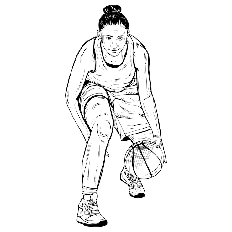 PSD joueuse de basket-ball style de gravure de ligne vintage illustration de silhouette dessinée à la main
