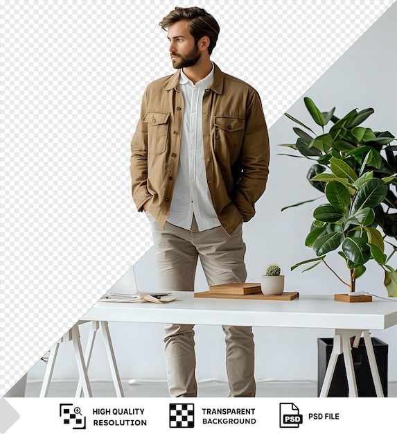 PSD jour de bureau isolé un homme en vêtements décontractés travaillant dans le bureau entouré de plantes vertes et d'un fond transparent avec un ordinateur portable il porte une veste brune une chemise blanche et un khaki png