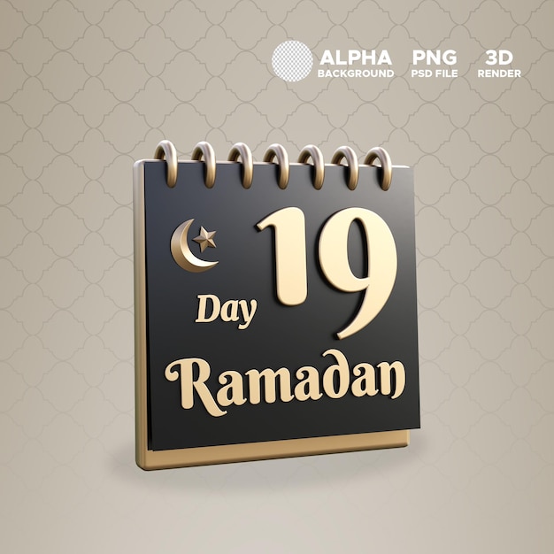 PSD jour du calendrier du ramadan 19 icône pour l'illustration de la conception objet isolé de rendu 3d