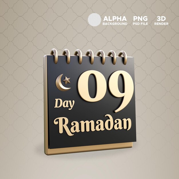 Jour du calendrier Ramadan 09 Icône pour l'illustration de la conception Objet isolé de rendu 3D