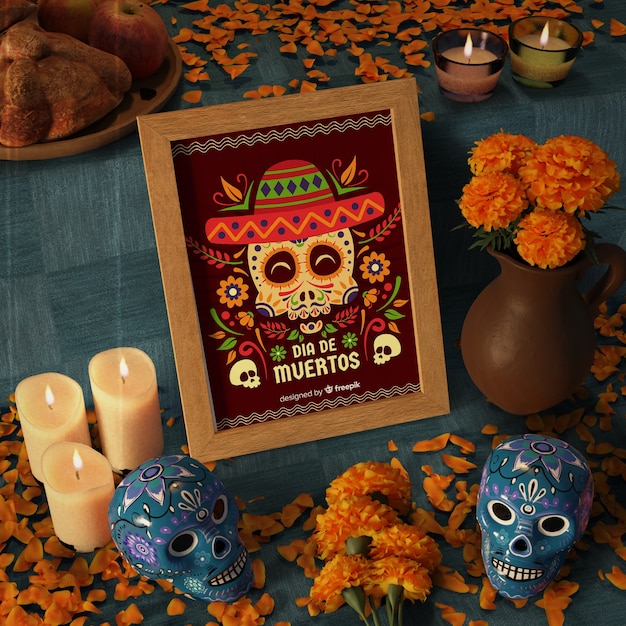 PSD jour de morts maquettes mexicaines traditionnelles haute vue