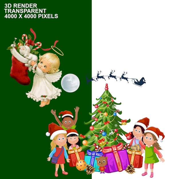 Le jour de Noël, le Père Noël sur un traîneau avec une affiche et de nombreux enfants portent un costume d'elfe.