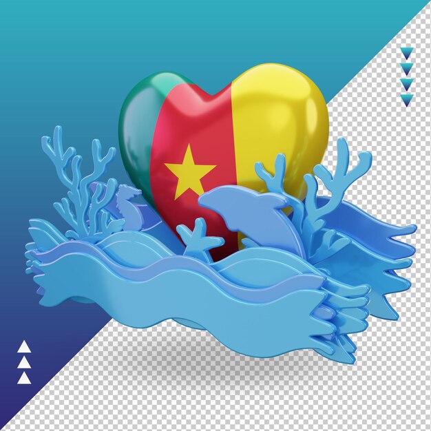 Jour de l'océan 3d drapeau d'amour camerounais rendu vue droite