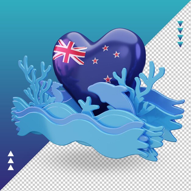 PSD jour de l'océan 3d drapeau d'amour de la nouvelle-zélande rendu vue droite