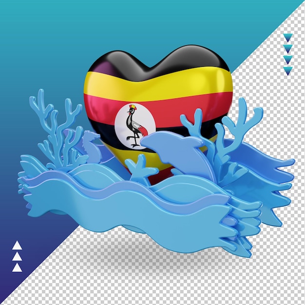 Jour De L'océan 3d Drapeau De L'amour De L'ouganda Rendu Vue Droite