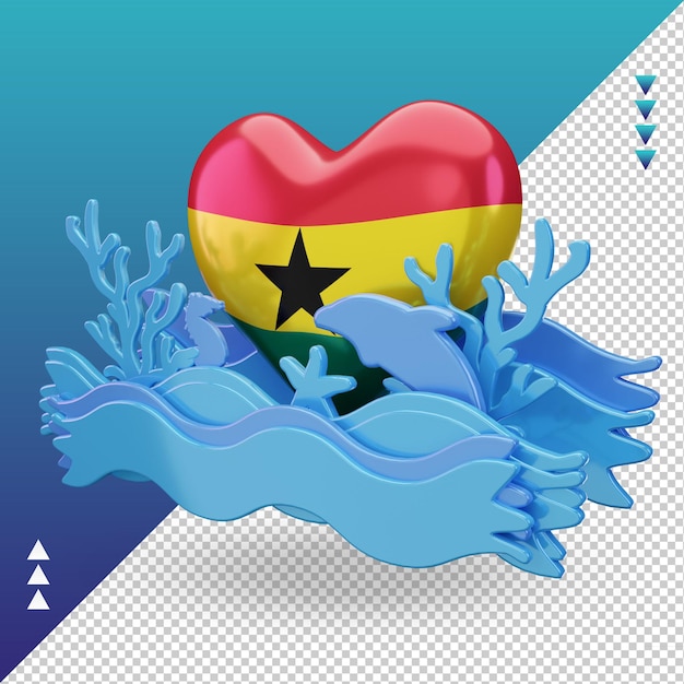 Jour de l'océan 3d Ghana drapeau d'amour rendu vue droite