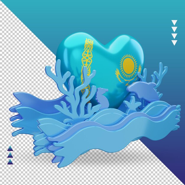 Jour de l'océan 3d Kazakhstan love flag rendu vue de gauche