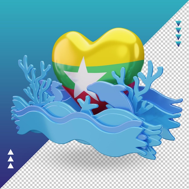 Jour de l'océan 3d Myanmar drapeau d'amour rendu vue droite