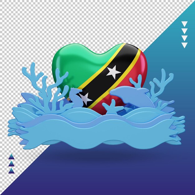 Jour de l'océan 3d Saint-Kitts-et-Nevis drapeau d'amour rendu vue de face