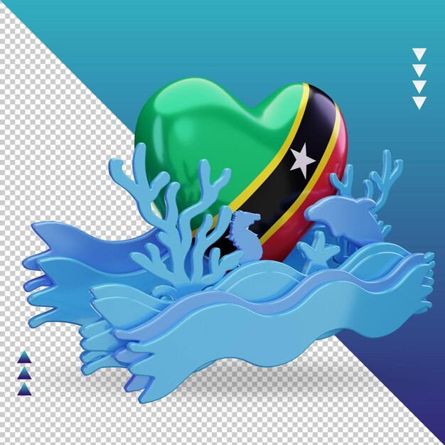 Jour De L'océan 3d Saint-kitts-et-nevis Drapeau D'amour Rendu Vue De Gauche