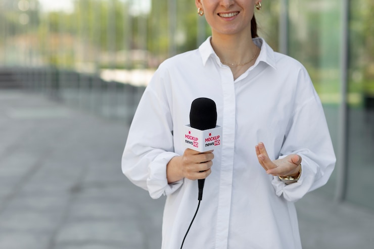 PSD journalist holding a microphone mockup
