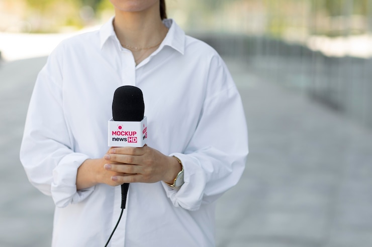 PSD journalist holding a microphone mockup