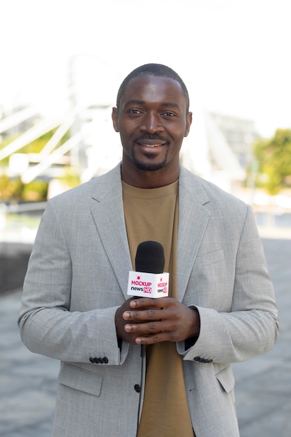 PSD journaliste tenant une maquette de microphone