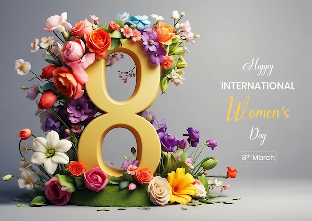 PSD journée de la femme toile 8 chiffres décoration avec des fleurs de printemps