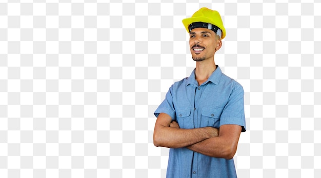 Journée des ingénieurs Homme noir en casque de sécurité et chemise bleue isolé sur orange