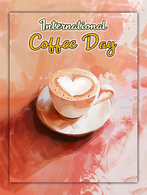 PSD journée internationale du café avec une tasse de café et des grains de café pour la conception de messages sur les réseaux sociaux