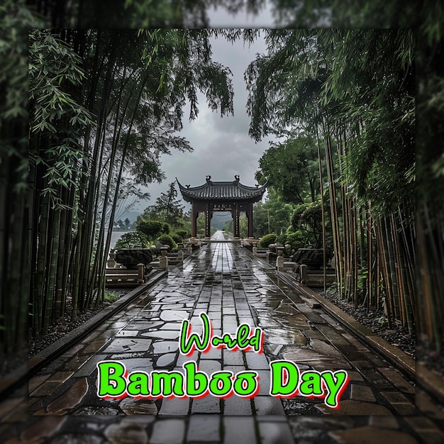 PSD journée mondiale du bambou, branches de bambou naturelles avec des gouttes de pluie pour la conception de messages sur les réseaux sociaux