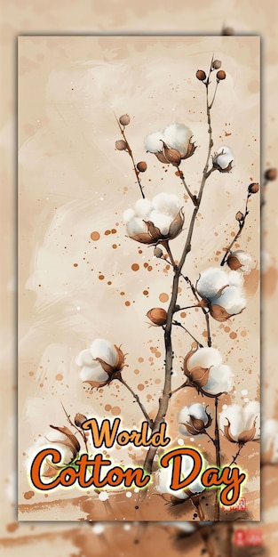 PSD journée mondiale du coton plantes de coton avec des bourgeons fleurs de coton sur sa branche pour la conception de messages sur les médias sociaux