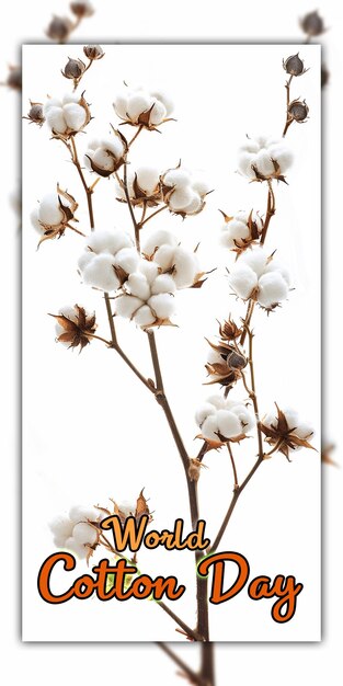 PSD journée mondiale du coton plantes de coton avec des bourgeons fleurs de coton sur sa branche pour la conception de messages sur les médias sociaux