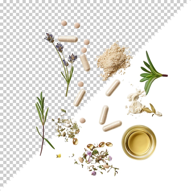 PSD journée mondiale de l'homéopathie et traitement médical avec des herbes isolées sur un fond transparent