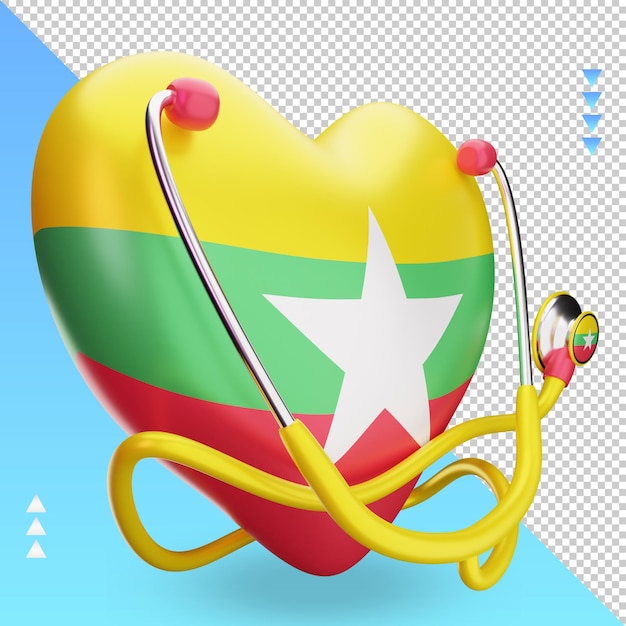 PSD journée mondiale de la santé 3d rendu du drapeau du myanmar vue de gauche