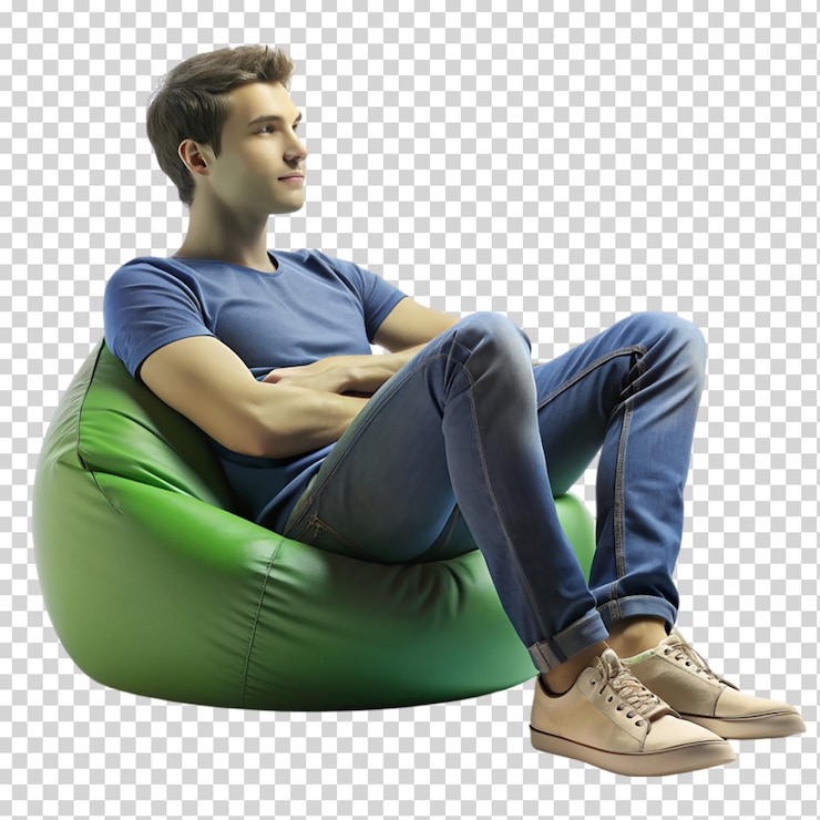 PSD jovem 3d sentado e esfriando em saco de feijão em fundo transparente