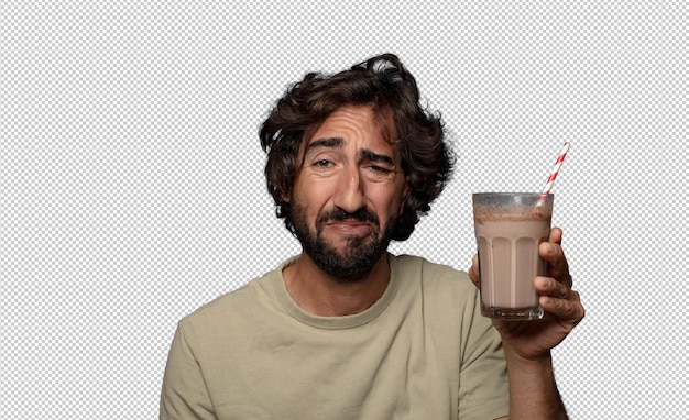 jovem adulto barbudo com um milkshake de chocolate