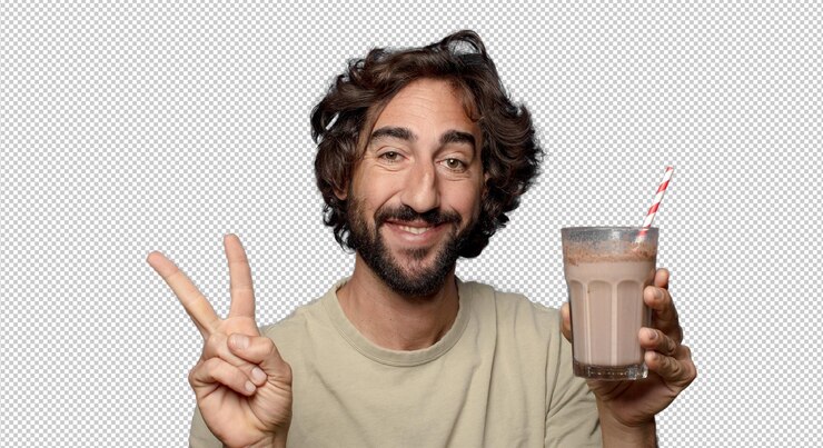 PSD jovem adulto barbudo com um milkshake de chocolate