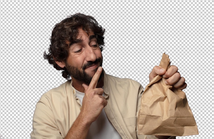 PSD jovem adulto barbudo com um saco de papel