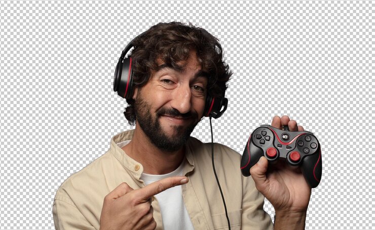 PSD jovem adulto homem barbudo conceito de jogador
