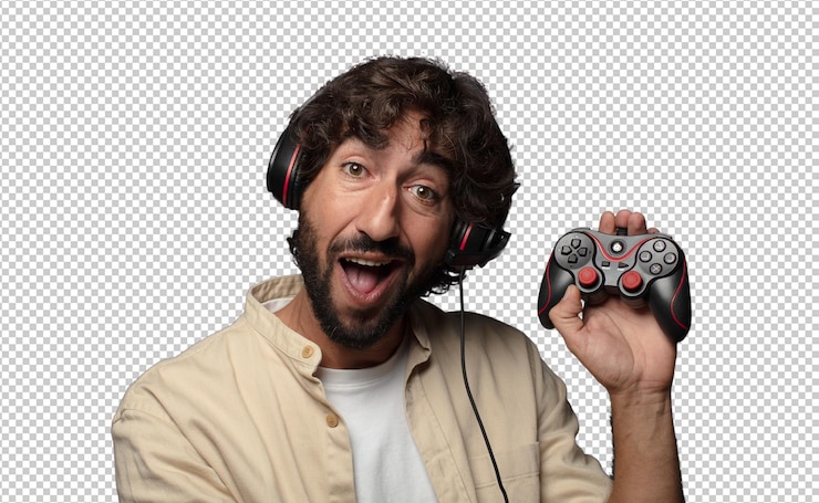 PSD jovem adulto homem barbudo conceito de jogador