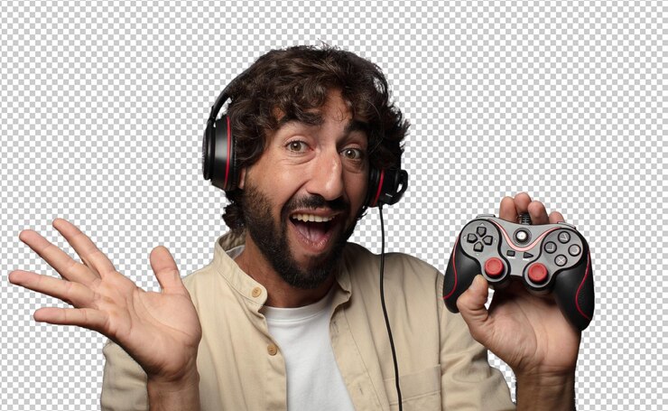 PSD jovem adulto homem barbudo conceito de jogador