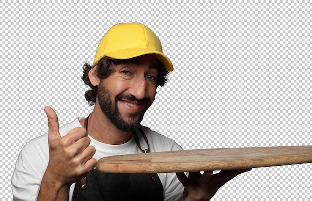 jovem adulto homem barbudo empregado com uma mesa vazia