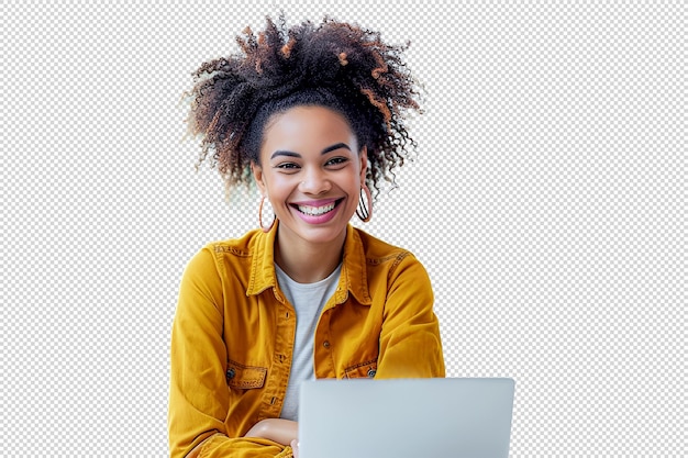 Jovem africana feliz e encaracolada vestindo um casaco amarelo