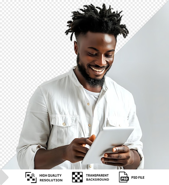 jovem africano incrível sorrindo olhando para o tablet sobre fundo isolado png
