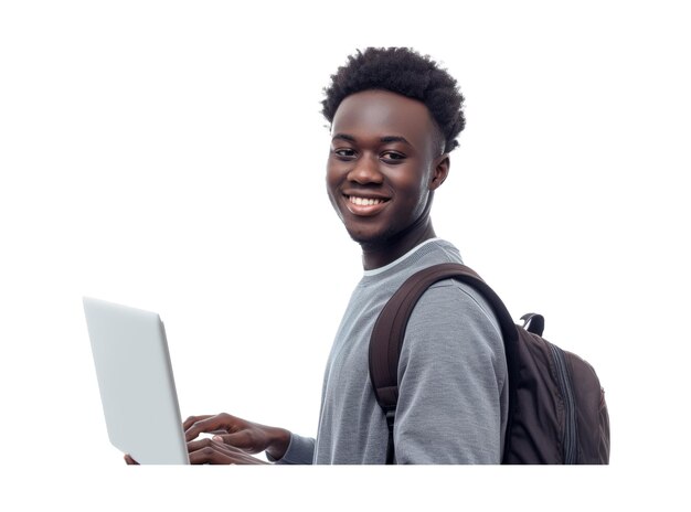 PSD jovem africano sorridente usando computador