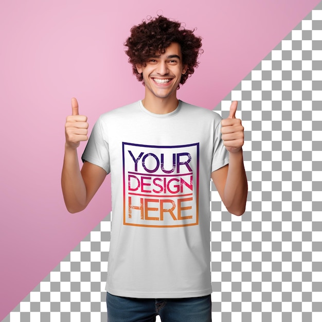 PSD jovem alegre cabelo encaracolado polegares para cima camisa em branco modelo de modelo de design com o seu logotipo