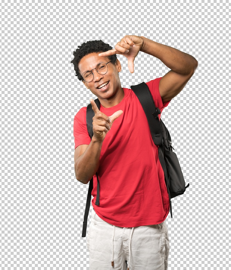 PSD jovem amigável, fazendo um gesto de tirar uma foto com as mãos