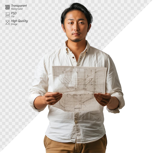 Jovem arquiteto asiático segurando planos em fundo transparente