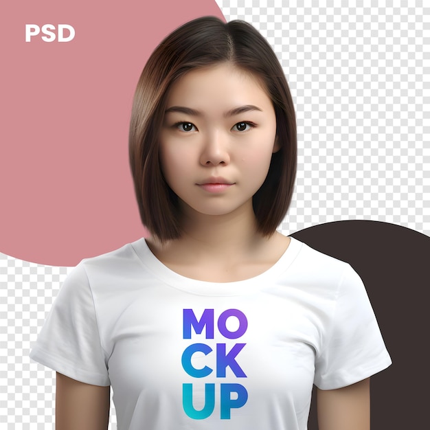 PSD jovem asiática vestindo camiseta branca com texto de maquiagem psd mockup
