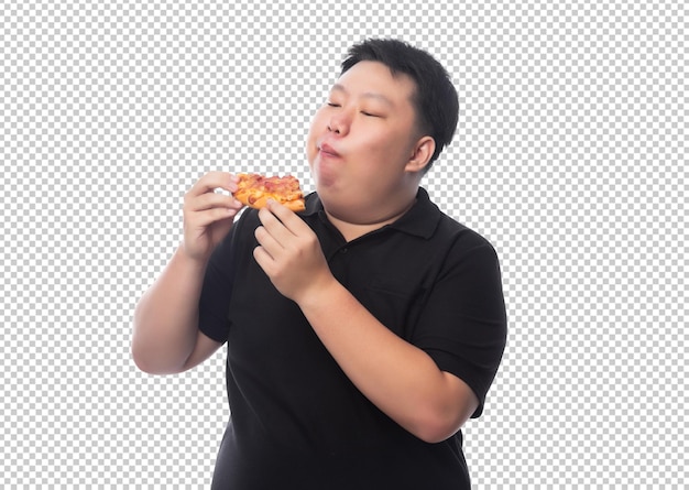 Jovem asiático gordo e engraçado com arquivo psd de pizza